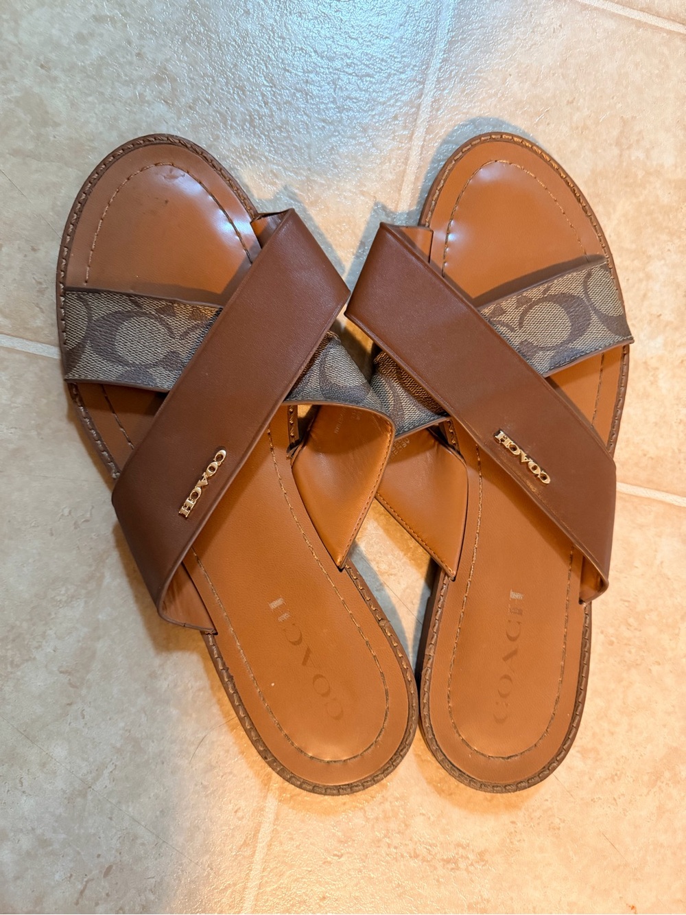 Coach Tan Brown Leather Slide Sandals with Signature Canvas